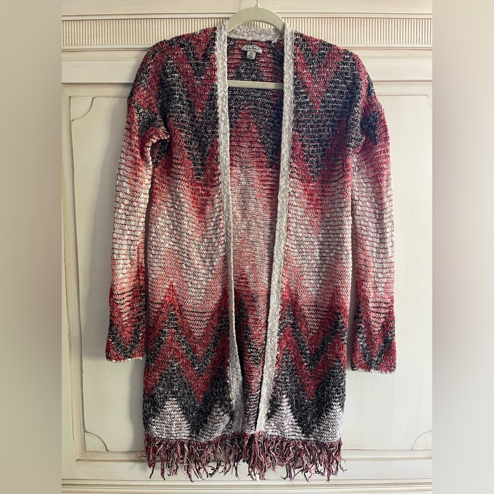 Lucky Brand Chevron Knit Duster Cardigan Fringe Multicolor Women’s Size XS Boho